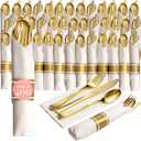 Prestee 400 Pieces Pre Rolled Gold Plastic Silverware Set for 100 Guests - Premium Disposable Silverware Set with Napkins - Wrapped Utensils with Forks, Knives, Spoons, Napkins for Weddings and Events