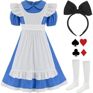 Halloween Costume for Girls, Bule White Callar Dress, White Apron and Black Headband (Small (5-7Yr))