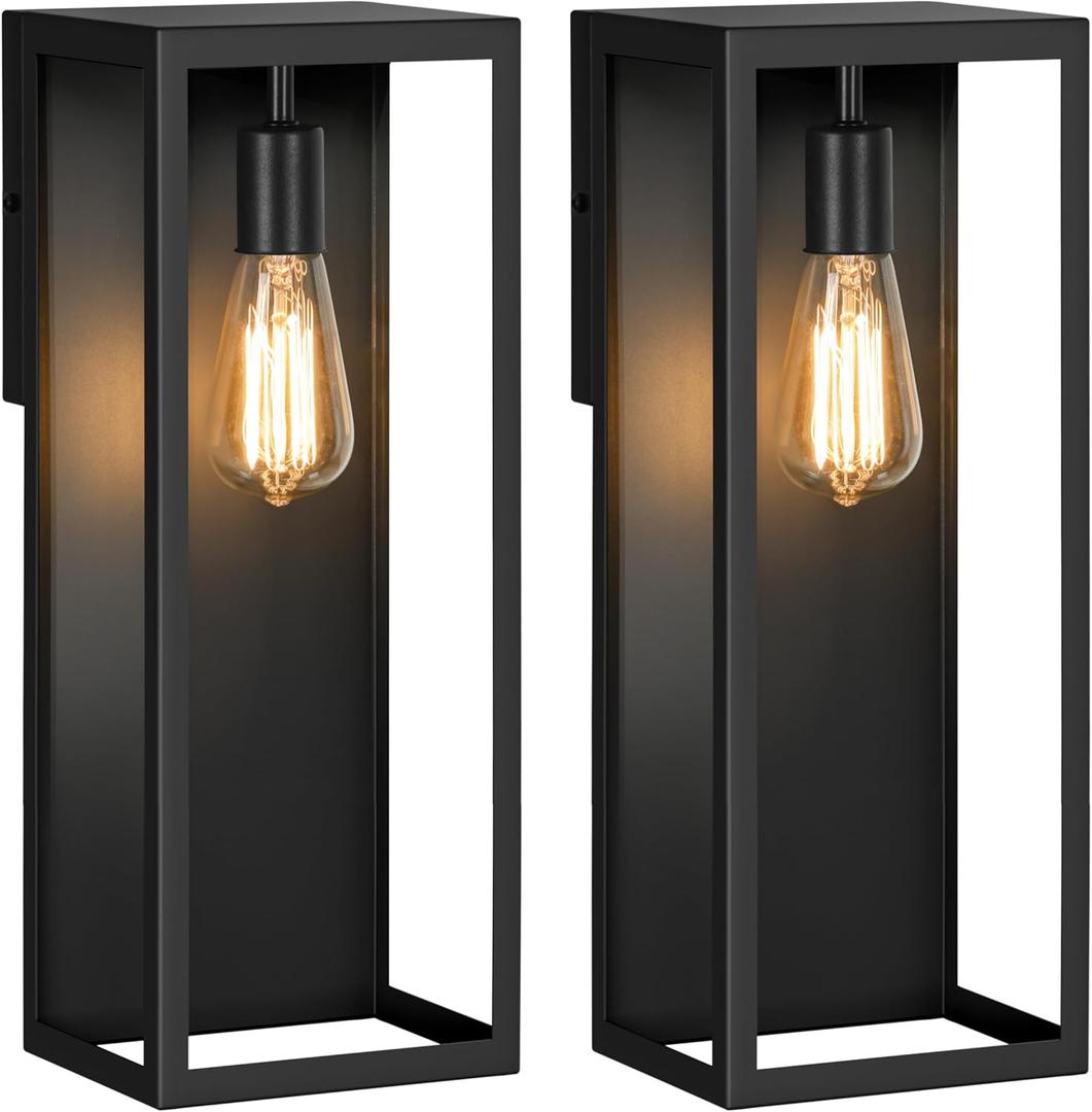 2-Pack Outdoor Wall Lanterns, 16 Exterior Waterproof Outdoor Lights with Glass Shades, Black Porch Lights Wall Mounted, Anti-Rust E26 Modern Lighting Fixtures for Patio Garage Entryway Front Door