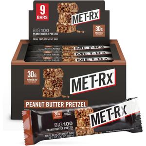 MET-Rx Big 100 Colossal Protein Bars, Great as Healthy Meal Replacement, Snack, and Help Support Energy, Peanut Butter Pretzel, With Vitamin A, Vitamin C, and Zinc, 100 g, (Pack of 9) (EXP 02/02/27)