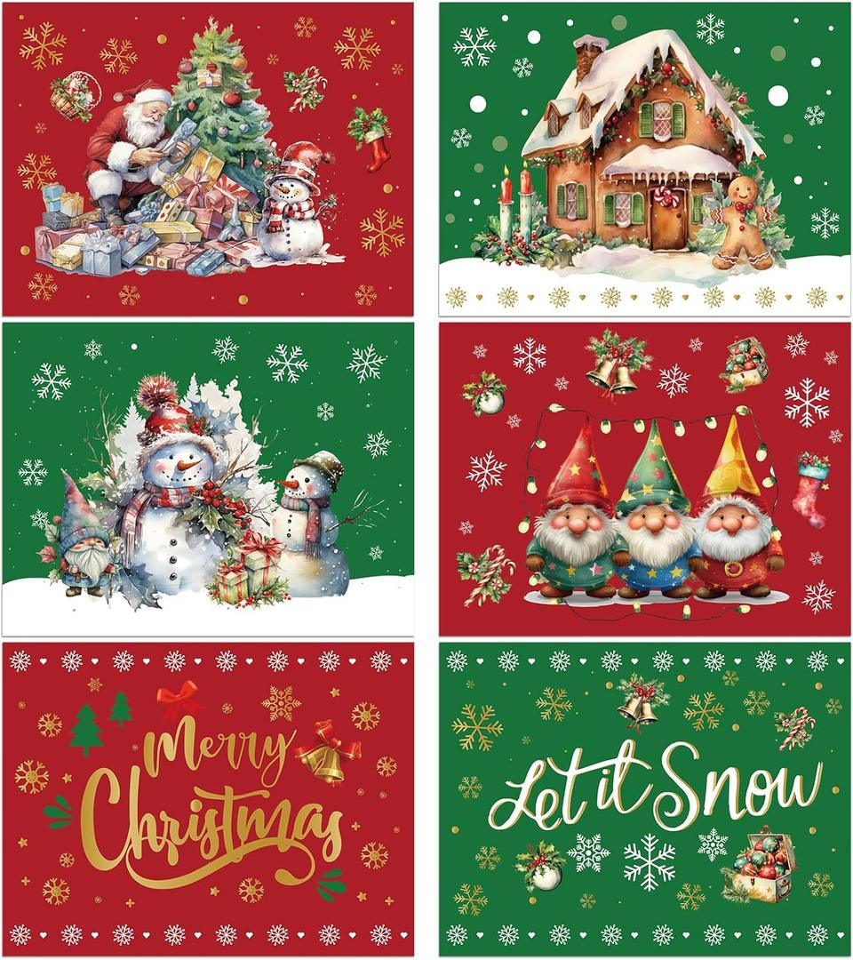 Christmas Placemats Table Placemats Set of 6 Plastic Seasonal Table Mats Decoration Washable Red and Green Winter Xmas Holiday Decoration for Kids Home Kitchen Dining Room Housewarming Gifts
