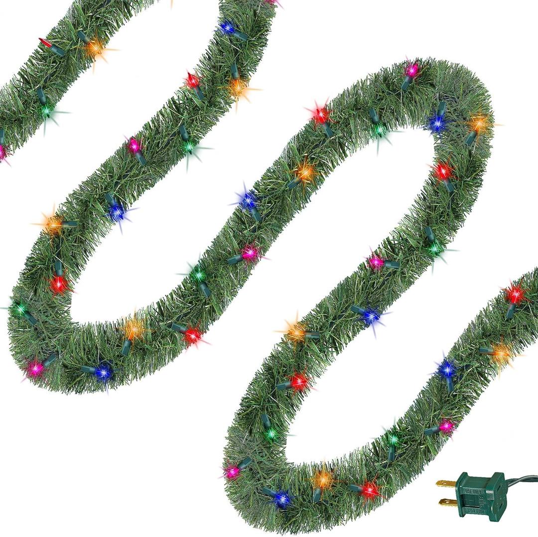 WATERGLIDE 49FT Lighted Christmas Green Garland with 100 Count Multicolor String Lights, Pre-lit Long Artificial Greenery Garlands, Plug in Holiday Decorative Lights for Indoor Outdoor Decor