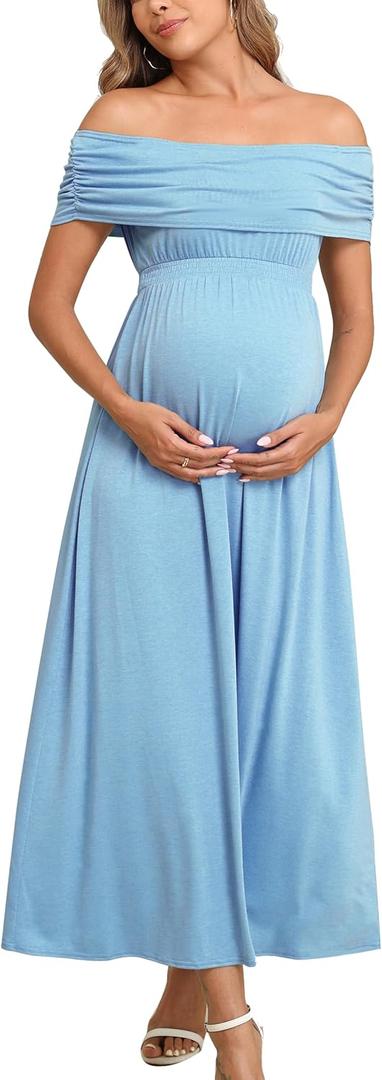 Off The Shoulder Maxi Maternity Dress for Photoshoot Baby Shower Sleeveless Casual Long Dresses (S)