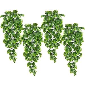 RECUTMS Artificial Hanging Plants 4Pcs, Fake Monstera Leaves Ivy Vine Faux Greenery UV Resistant Tropical Palm Leaf Swag Plant for Garden Home Jungle Hawaiian Luau Party Outdoor Indoor Spring Décor