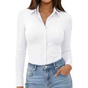 siliteelon Plus Size Button Down Shirts for Women Dress Shirt Stretch Long Sleeve Collared Shirt Work Office Blouse Top White, 5X