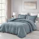 Chezmoi Collection Nora Dusty Blue Comforter Set King Size 3-Piece Fluffy Soft Stone-Washed Ruffled Shabby Chic Bedding for All Season