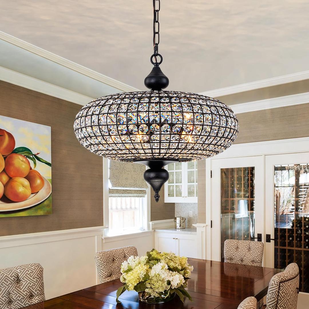 21" Black Gold Crystal Chandelier, Large Farmhouse Dining Room Light Fixture, 5-Light Vintage Crystal Hanging Chandelier for High Ceiling Living Room Kitchen Island, 21"W x 19"H