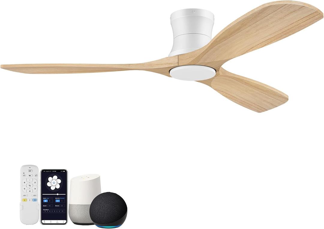 52 Smart Wood Flush Mount Ceiling Fans with Lights and Remote,Quiet DC Motor,Outdoor Indoor Ultra Low Profile Ceiling Fan works with Alexa WIFI APP,Modern White Ceiling Fan for Bedroom Patio, 52"-Voice+App+Remote Control
