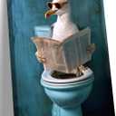 Funny Toilet Canvas Wall Art Humorous Seagull Reading Newspaper Wall Decor Painting Pictures Funny Bird Print for Living Room Bedroom Bathroom Decoration Framed