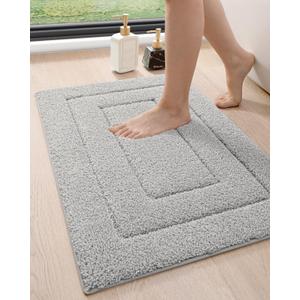 DEXI Bathroom Rug 24x16, Non Slip Washable Bath Mat for Shower Floor, Absorbent Soft Bathmat with Rubber Backing, Quick Dry Microfiber Carpet, Light Grey