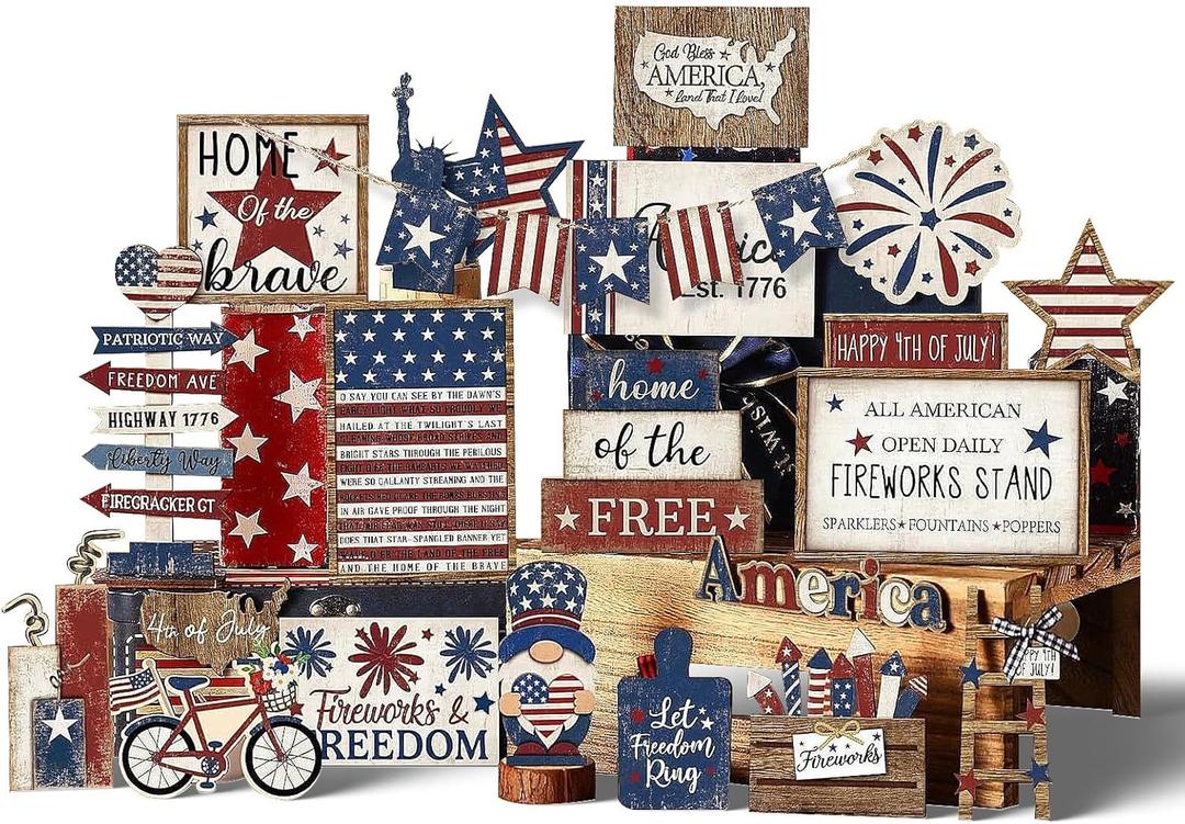 15 Pcs 4th of July Tiered Tray Decor, Memorial Day Wooden Decoration Set, Rustic Table Top Patriotic Centerpiece for Home Farmhouse Kitchen Decoration (Retro ver)