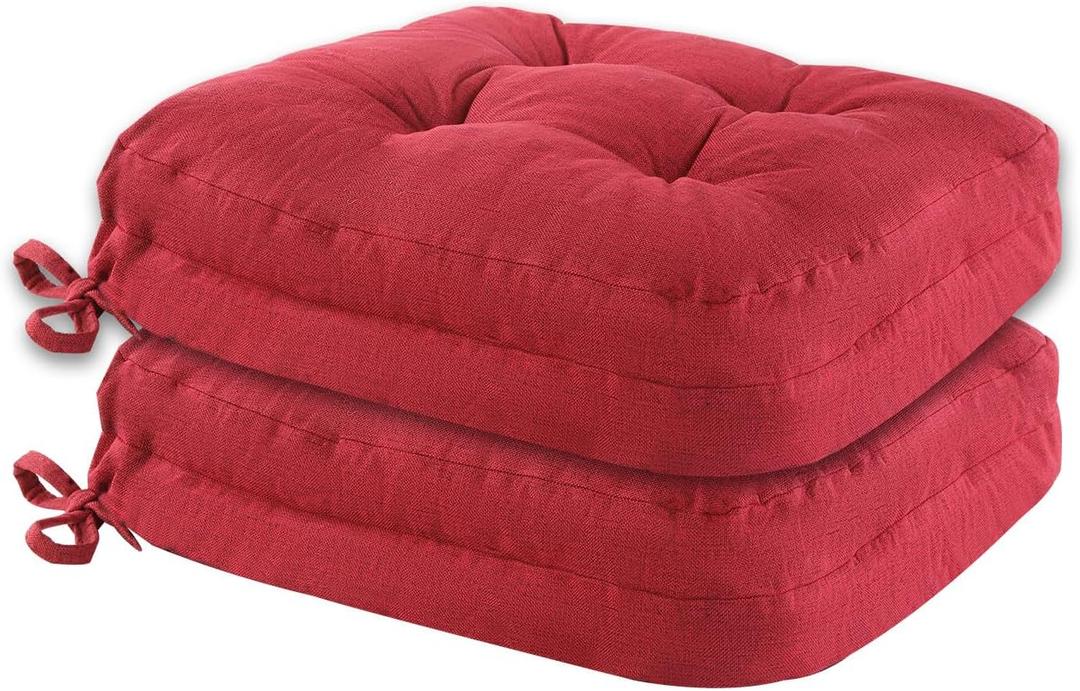 Dining Chair Cushions Set of 2, Double-Layer Memory Foam Kitchen Seat Cushions, Non-Slip Thickened Chairs Pads with Ties, 16.5"x16.5"x 3.5", Wine Red