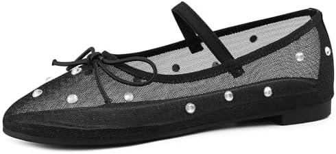 Mesh Ballet Flats for Women, Crystal Rhinestone Mary Jane Shoes, Comfortable Round Toe Ballerina Flats with Stretch Strap, Trendy Size 10