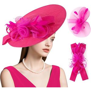 dressfan Wide Brim Fascinator Derby Hats for Women,20s Detachable Flower Hat with Headband for Derby Church Wedding Tea Party (Fushia), One Size