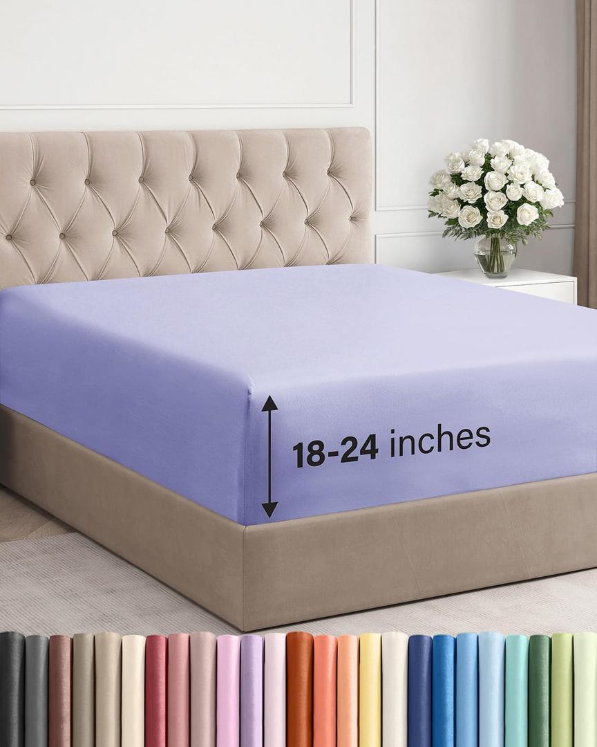 Extra Deep Queen Fitted Sheet - Hotel Luxury Single Fitted Sheet Only - Easily Fits 18 inch to 24 inch Mattress - Ultra Soft, Wrinkle & Fade Free w/Extra Deep Pockets - Breathable & Comfy - Lavender