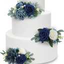 Rinlong 3Pcs Pre-made Cake Toppers Navy Blue Flowers Cake Decorations Wedding Cake Decorating Flowers Decor Birthday Baptism Party Cake Toppers