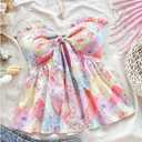 Milumia Women's Floral Plants Print Tie Front Tube Top Ruffle Trim Strapless Peplum Tops (M)