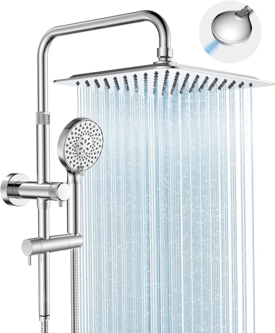 MakeFit Rainfall Shower Heads with Handheld Combo - 10 Inch High Pressure Rain Shower Head, 9 Modes Handheld Shower Head with Height Adjustable Shower Extension Arm and Slide Bar - Chrome