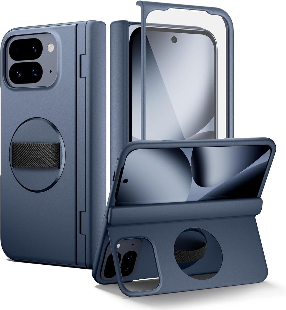 SURITCH for Google Pixel 10 Pro Fold Case with 360° Rotatable Hand Strap Phone Grip Holder & Invisible Kickstand & Screen Protector, Protective Cover for Pixel 10 Pro Fold -Dark Blue