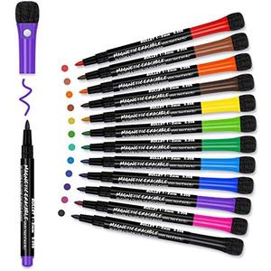 Magnetic Dry Erase Markers Fine: 12 Colors Erasable Whiteboard Markers Fine Point with Eraser Cap, Low Odor White Board Dry Erase Pens Fine Tip for Teachers, Home, Office and School Supplies