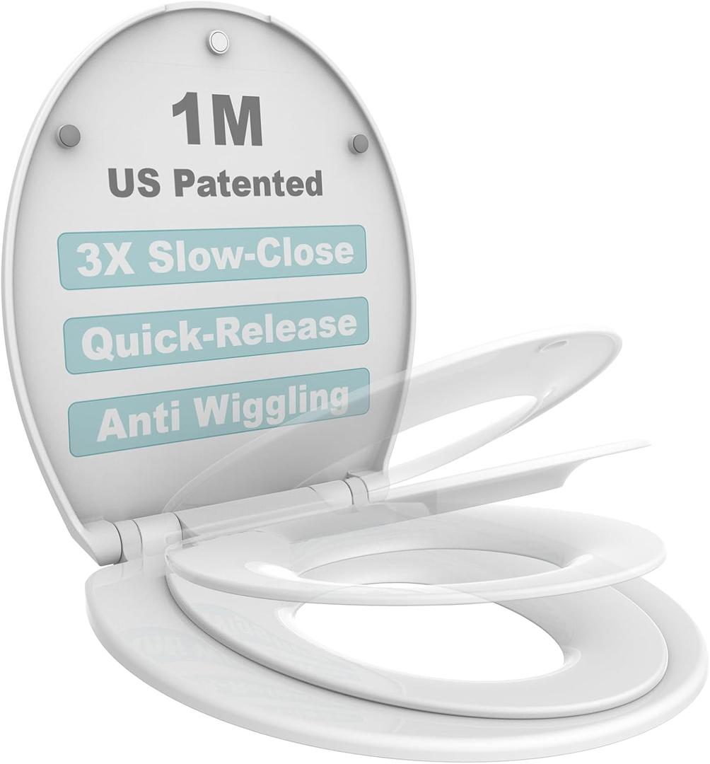 1M Family Toilet Seat, Patented Slow Close & Quick Releasing Technology, Anti-Wiggling, Easy to Install and Clean, Standard Round with Toddler Seat Built In (1 Piece)