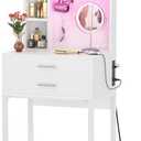 Besiost Small Vanity Desk with Hutch and Drawers, White Makeup Vanity Desk with Charging Station, Vanity Table Dressing Table with LED Lights, Vanity Desk No Mirror with Pegboard for Girls Women, 24"
