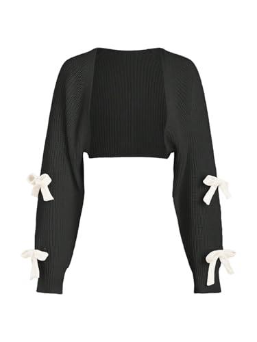 SHENHE Women's Open Front Ribbed Knit Bow Cute Cropped Cardigan Bolero Sweater Shrug Black and White Medium