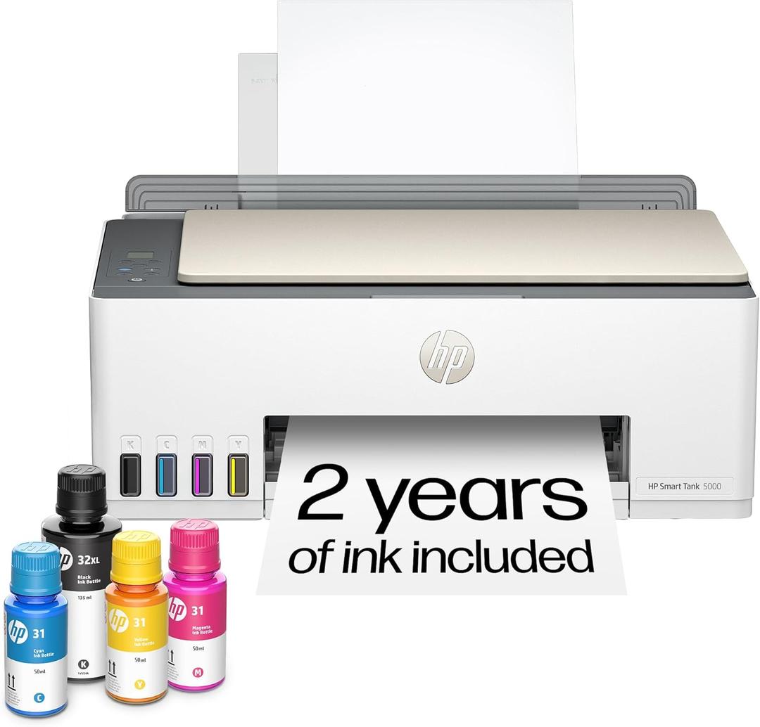 HP Smart Tank 5000 Wireless All-in-One Ink Tank Printer, Scanner, Copier with 2 years of ink included, Best-for-home, Refillable, AI-enabled (5D1B6A)