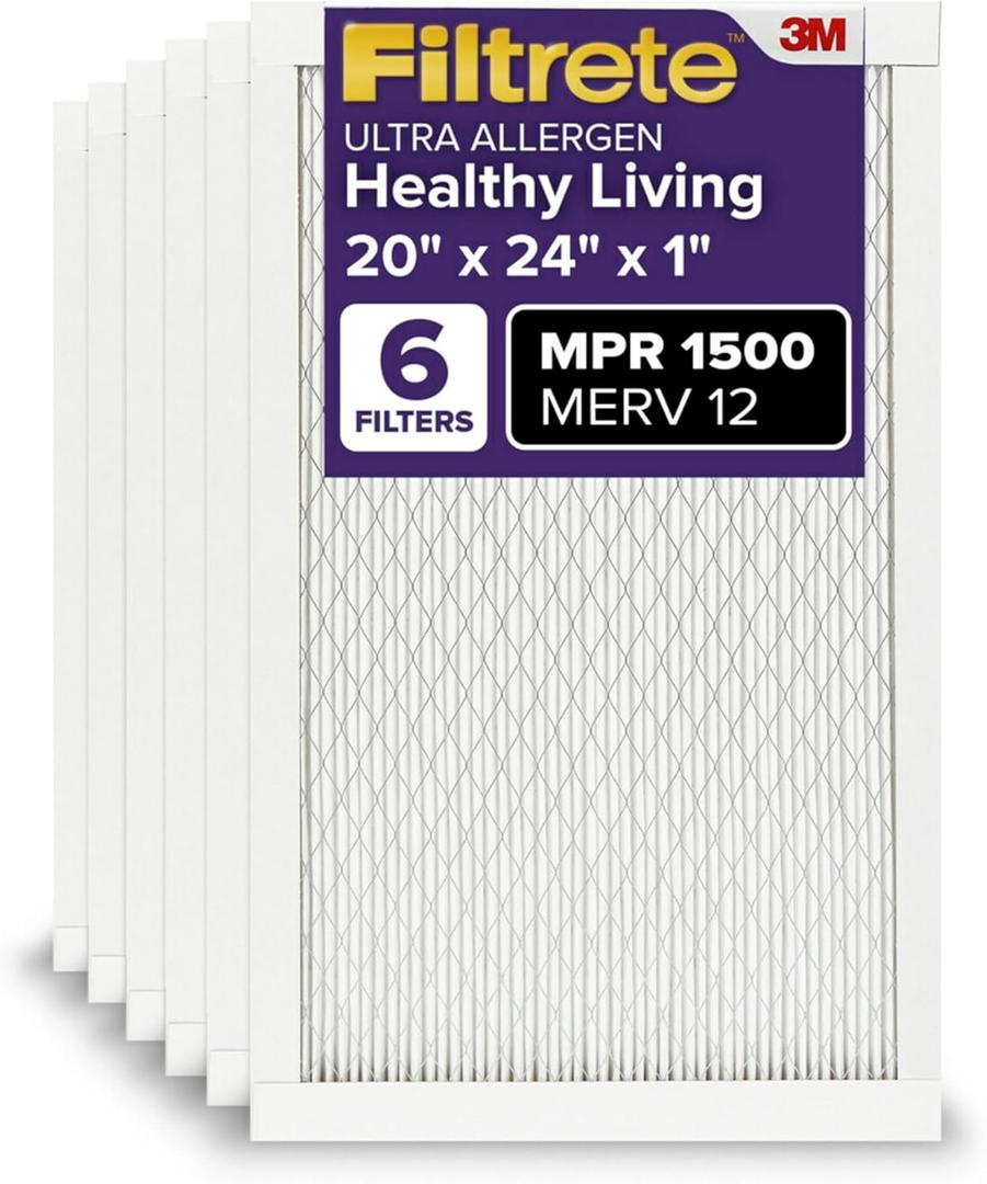 Filtrete 20x24x1 AC Furnace Air Filter, MERV 12, MPR 1500, CERTIFIED asthma & allergy friendly, 3 Month Pleated 1-Inch Electrostatic Air Cleaning Filter, 6-Pack (Actual Size 19.81x23.81x0.78 in)