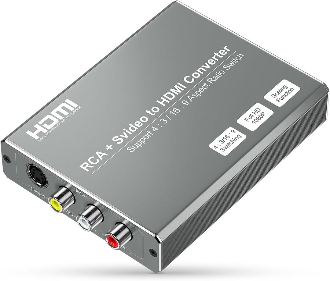 RCA Svideo to HDMI Converter with 4 : 3/16 : 9 Aspect Ratio Switch, S-Video RCA to HDMI Adapter, Support 720P/1080P Output Switch for VHS/VCR/DVD Player/Wii/PS1/PS2/N64/NGC/NES to View on HD TVs