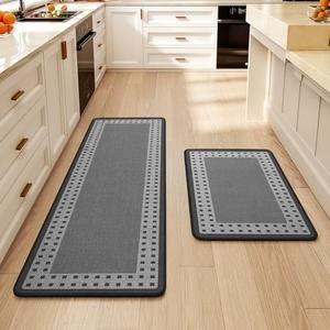 QiCaiJia Kitchen Mats for Floor, 17''x30''+17''x47''Kitchen Rugs Set of 2, Washable Absorbent Kitchen Mat Non Slip, Braided Kitchen Runner Rug, Kitchen Sink Rug, Grey
