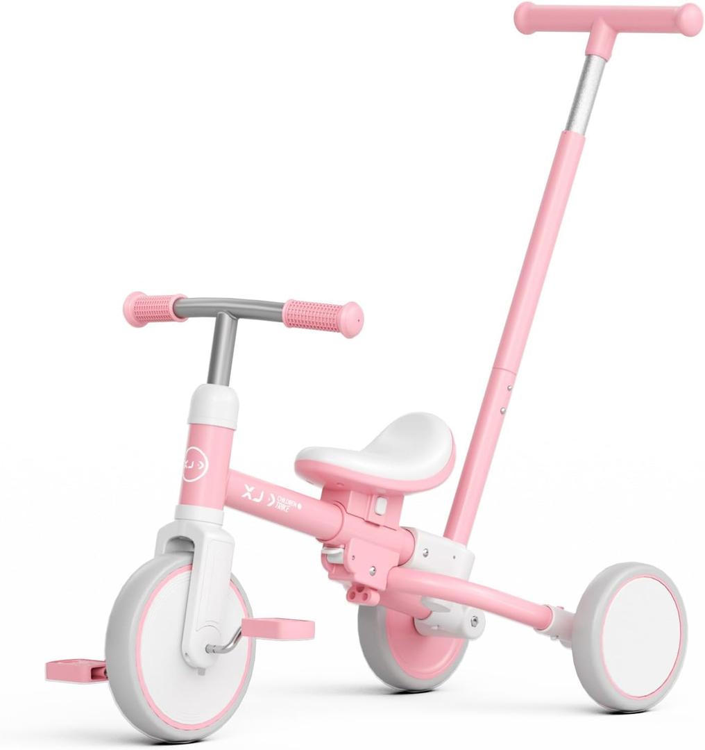 XJD Toddler Tricycle for 1-3 Year Olds, 5-in-1 Toddler Bike with Adjustable Push Handle, Balance Bike, Adjustable Seat & Removable Pedal, Birthday Gift Toy for Boys and Girls(Pink)