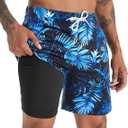 zeetoo Mens Swim Trunks with Compression Liner 5.5" Inseam Shorts Bathing Suit Quick Dry Swimsuit L, Leaf-darkblue