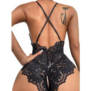 SOLY HUX Women's One Piece Lingerie Sexy Lace Babydoll Deep V Teddy Criss Cross Backless Teddy Mini Bodysuit (Pure Black)