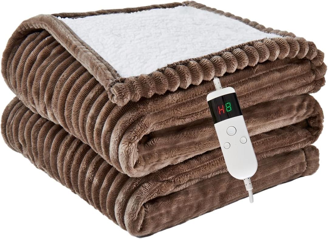 Qieryun Heated Blanket Electric Throw, Soft Flannel Heating Blanket with 8 Hours Auto Off 10 Fast Heating Levels Machine Washable Sherpa Heated Blanket with Overheating Protection (Throw (50" x 60"), Camel)