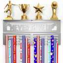 AGATHOS HOME Medal Hanger Display with Trophy Shelf - Metal Awards Rack for Walls Holds 64+ Sports Medals- Our Never Give Up 16" Medal Holder Awards Trophy Display