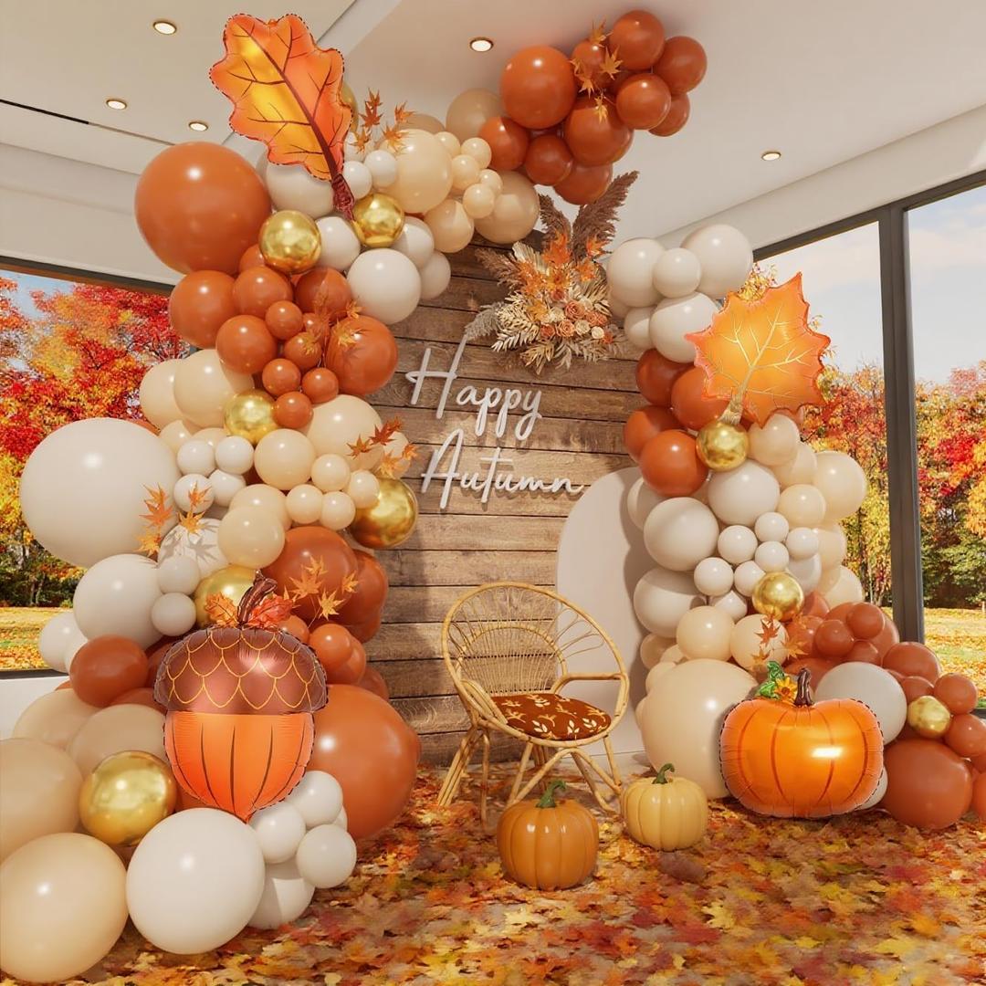 Fall Balloon Arch Kit for Birthday, Fall Thanksgiving Decorations, White Sand Metallic Gold Light Orange Thanksgiving Balloons Arch Kit, Little Pumpkin Burnt Balloon Arch Kit
