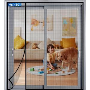 Magnetic Screen Door Mesh Left Right Side Opening Upgraded PET Material Mesh Stronger Than Fiberglass and Polyester,Keep Bugs Out,Pet & Kid Friendly Fit Door Size 96"X80",Screen Size 98''X82'' (Black)