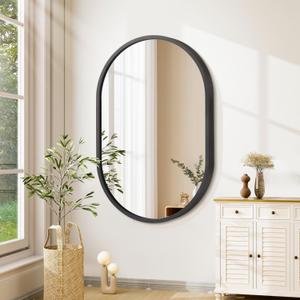 JJUUYOU Oval Mirror Black Metal Framed Bathroom Mirrors for Wall 20X28 Inch Matte Bedroom Vanity Mirror Farmhouse Anti-Rust Tempered Glass Hangs Horizontally or Vertically Mirrors