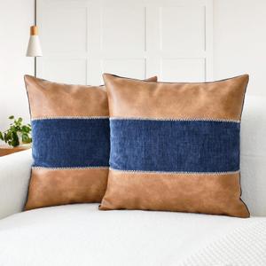 CaliTime Throw Pillow Covers Pack of 2 Soft Faux Leather Solid Dyed Chenille Cushion Cases for Couch Sofa Home Decoration 18 X 18 Inches Navy Blue Brown
