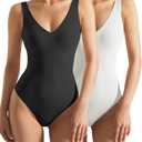 SUUKSESS Women 2 Piece Thong Bodysuit Sexy V Neck Backless Sleeveless Tank Tops (Small, 01 Pack (Black & White))