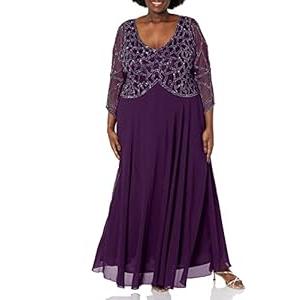J Kara Women's Plus Size 3/ 4 Sleeve Geo Beaded Gown, Plum/ Mercury/ Silver, 20W