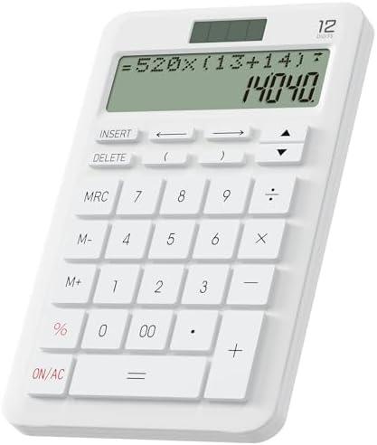 Calculators Desktop with Memory and Trace Function, ROATEE 2 Lines LCD Display Kawaii Basic Calculator for Student, Large Sensitive Buttons Solar and Battery Power, for Home, Office, Store, White