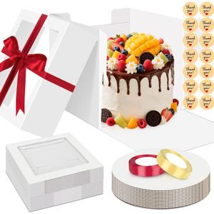 Sudaya 10x10x5 Cake Boxes with Window, Cake Boxes 10 inch Tall with Cakes Box Ribbon Stickers, 10in Disposable Carry Bakery Containers Cajas Para Pasteles for Pies Party Wedding Gift Giving