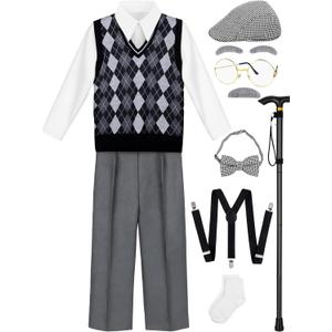 100 Days of School Costume for Boys Old Man Costume for Kids 100th Day of School Grandpa Dress up Outfit Accessories (5-7X, Gray With Navy Blue, Light Gray)