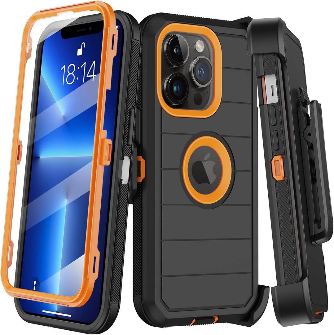 KECAI for iPhone 13 Pro Case with Belt Clip Holster & Kickstand,Built-in Screen Protector,Heavy Duty Shockproof Drop Protection Military Grade Full Body Rugged Phone Cover(Black/Orange)