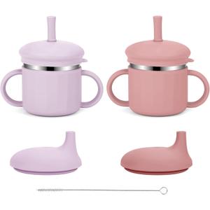 Upgrade Stainless Steel Baby Sippy Cups, 7.4 Oz Spill Proof Toddler Straw Cups, 3 Stages Training Cup for Toddlers 1-3 Year, Kid Cups with Silicone Sheel and Straws (Coral+Purple)