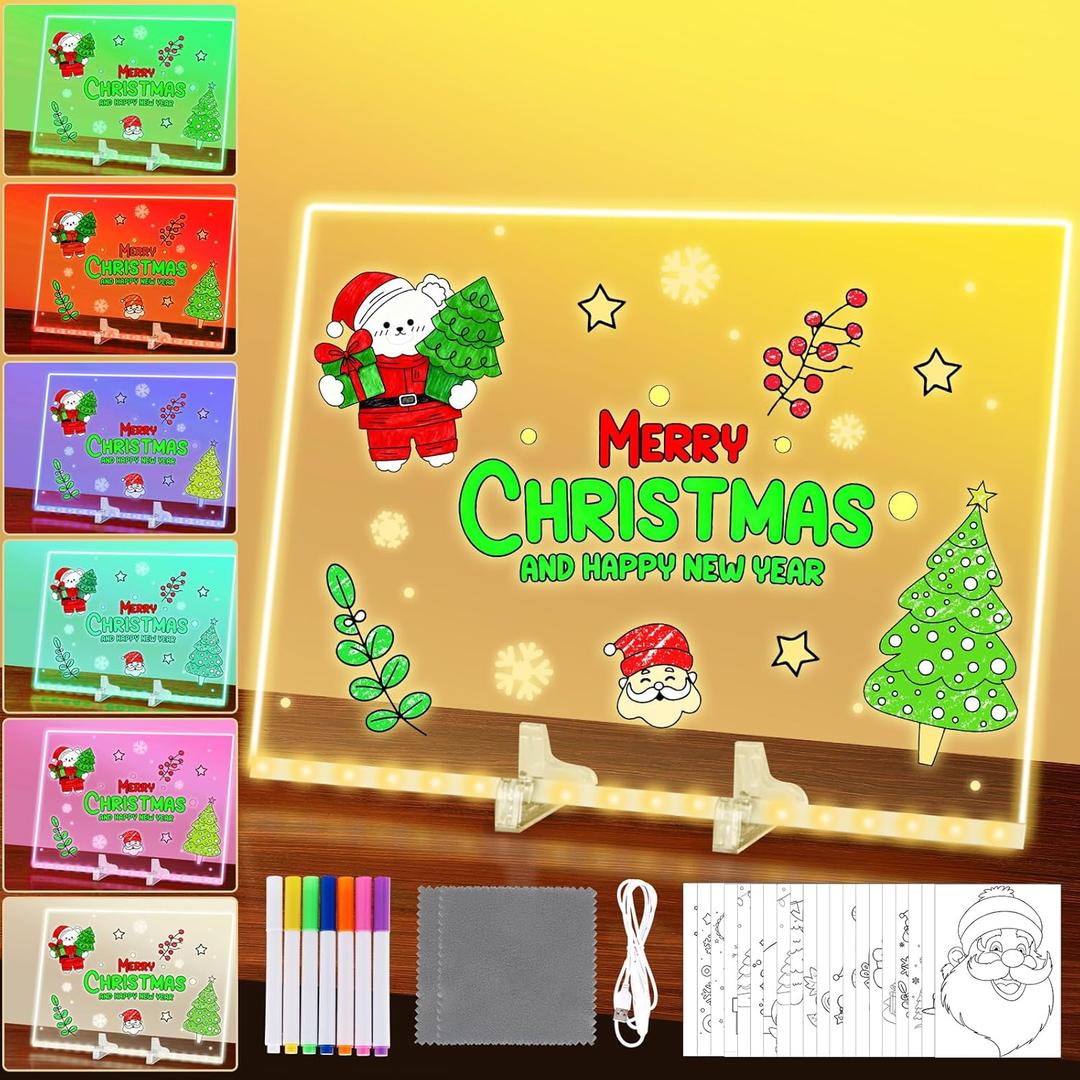 Christmas LED Note Board with Colors, 13.7 x 9.8 Acrylic Dry Erase Board with Light, Dry Erase Light up Adjustable Stand with 20 Xmas Coloring Page and 7 Pen for Office Home for Beginner