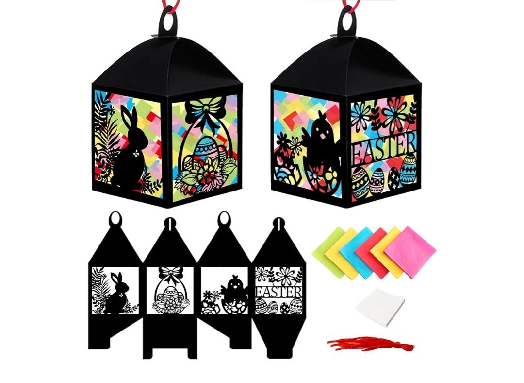 Jengaer 16 Sets Easter Craft Kits with Egg Bunny Design Tissue Paper Lantern, Make Your Own Suncatchers Hanging Ornament DIY Supplies for Easter Home Activity Sunday School Crafts