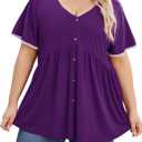 Beauhuty Women's Plus Size Shirts V Neck Button Front Tops Lace Ruffle Short Sleeve Blouse Casual Flowy Pleated Tunic Summer (XX-Large, Purple)